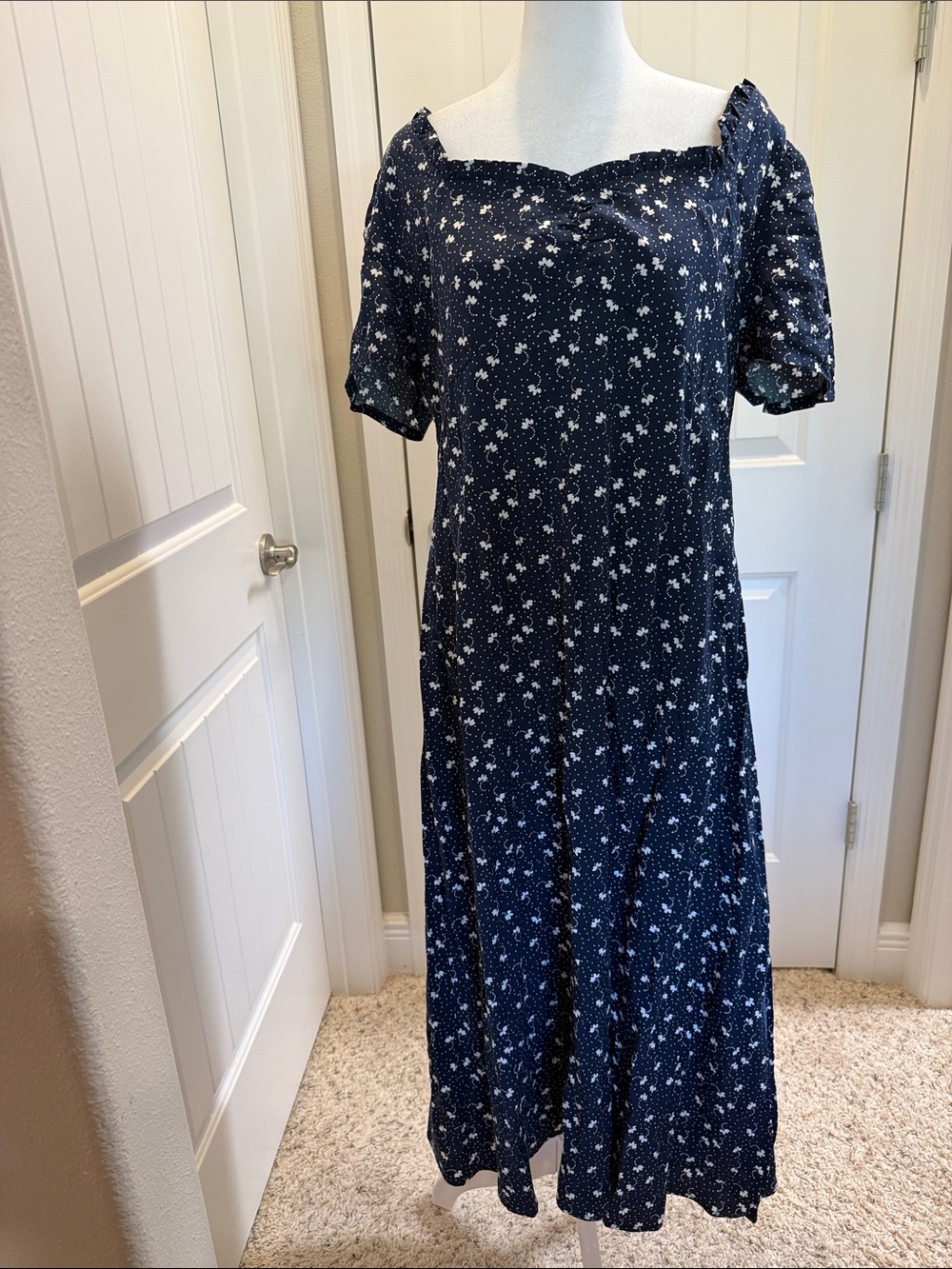 LOFT Navy & White Floral Square-Neck Midi Dress